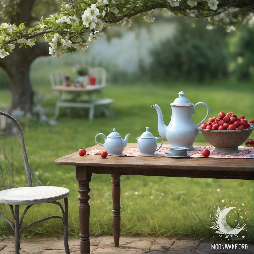 Старинный винтажный стол с чашками, чайником, ягодами и цветами под цветущей яблоней ночью.