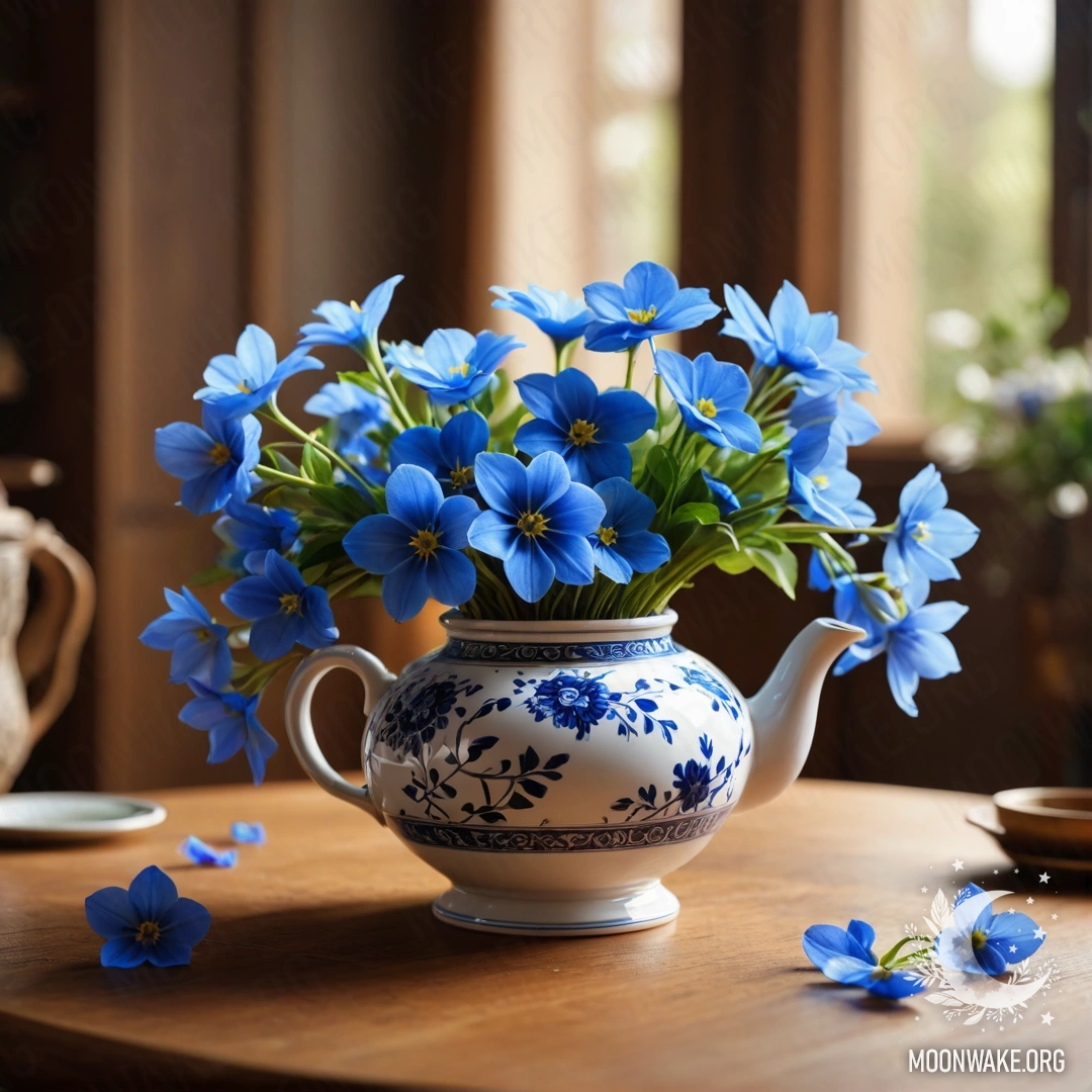 Круглый деревянный стол, на котором находится фарфоровый чайник с голубыми цветами и гирляндами света.