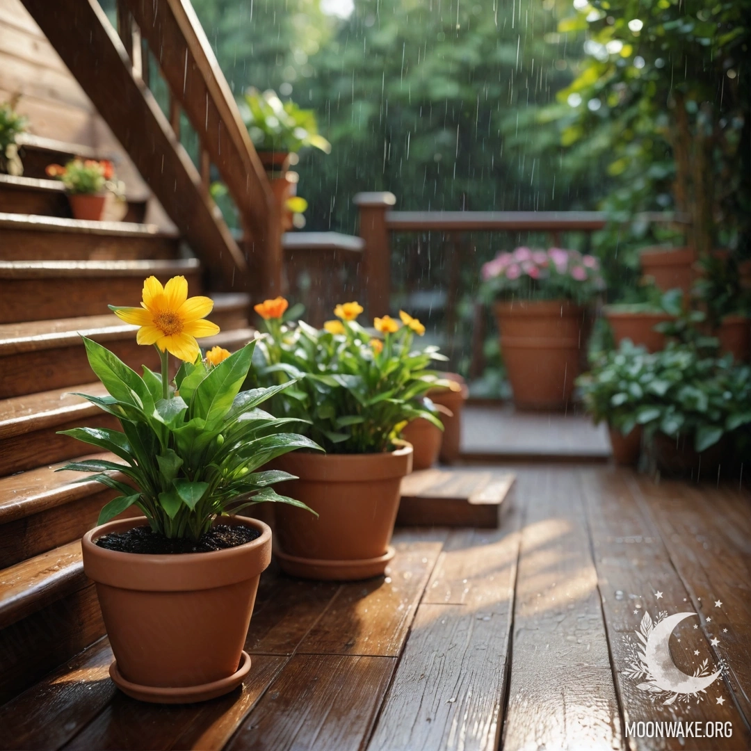 Спокойная деревянная лестница, украшенная цветочными горшками под дождем.