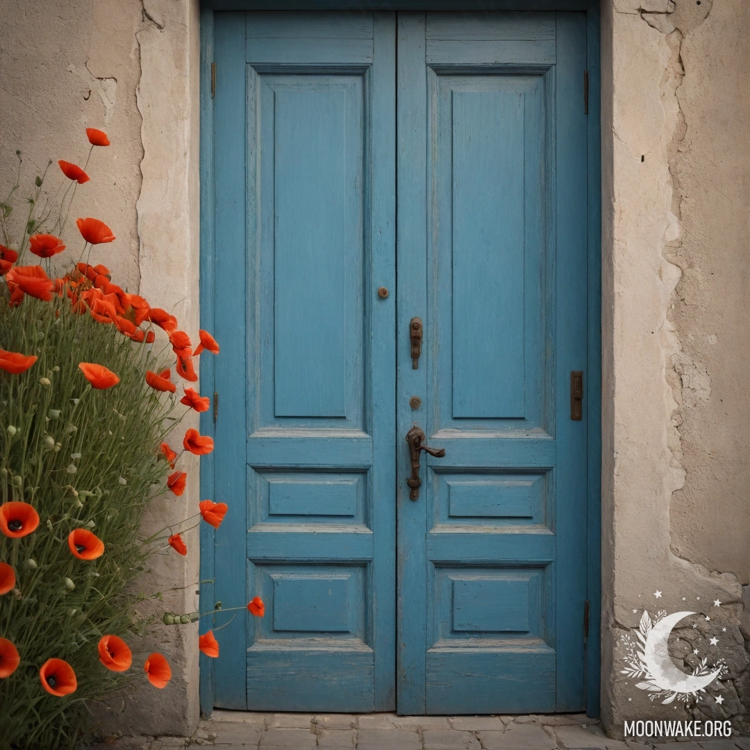 Фотореалистичное изображение старой обшарпанной голубой двери с букетом маков на ручке, освещенной мягким светом заката.