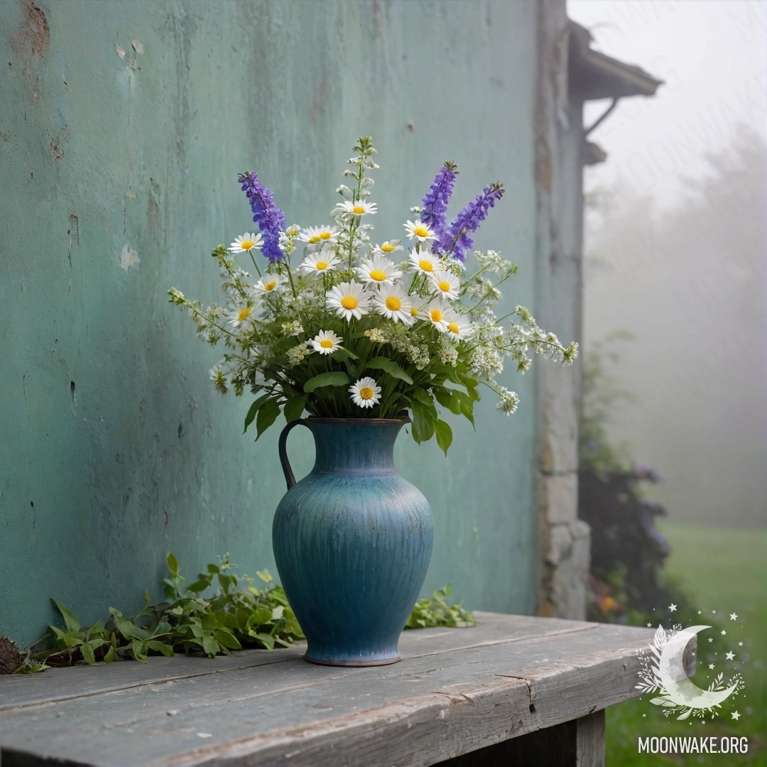 Потрепанный синий металлический вазон, наполненный ромашками и сиренью, на фоне зеленоватой стены, затянутой густым туманом.