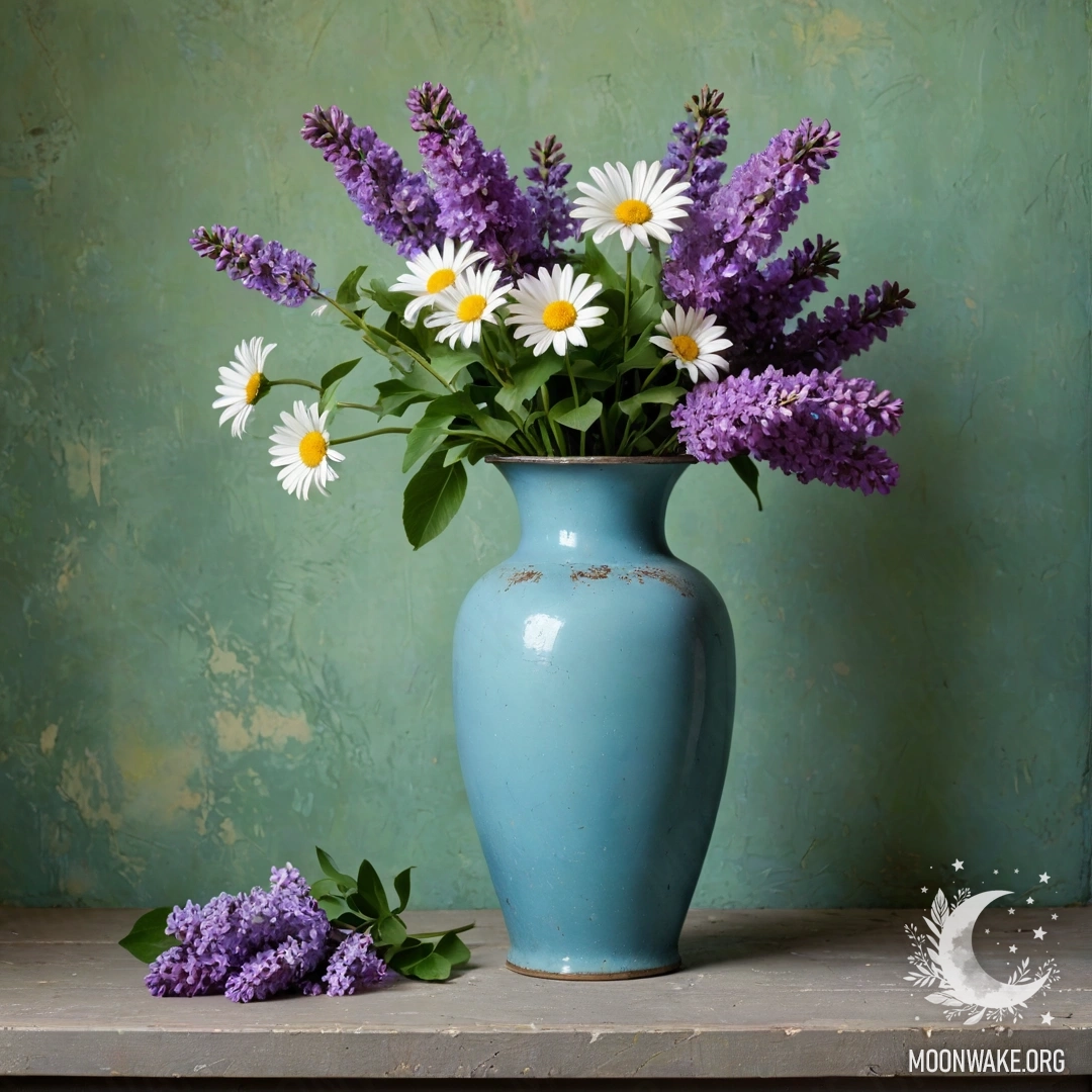 Потрепанный синий металлический вазон, наполненный ромашками и сиренью, на фоне зеленоватой стены.