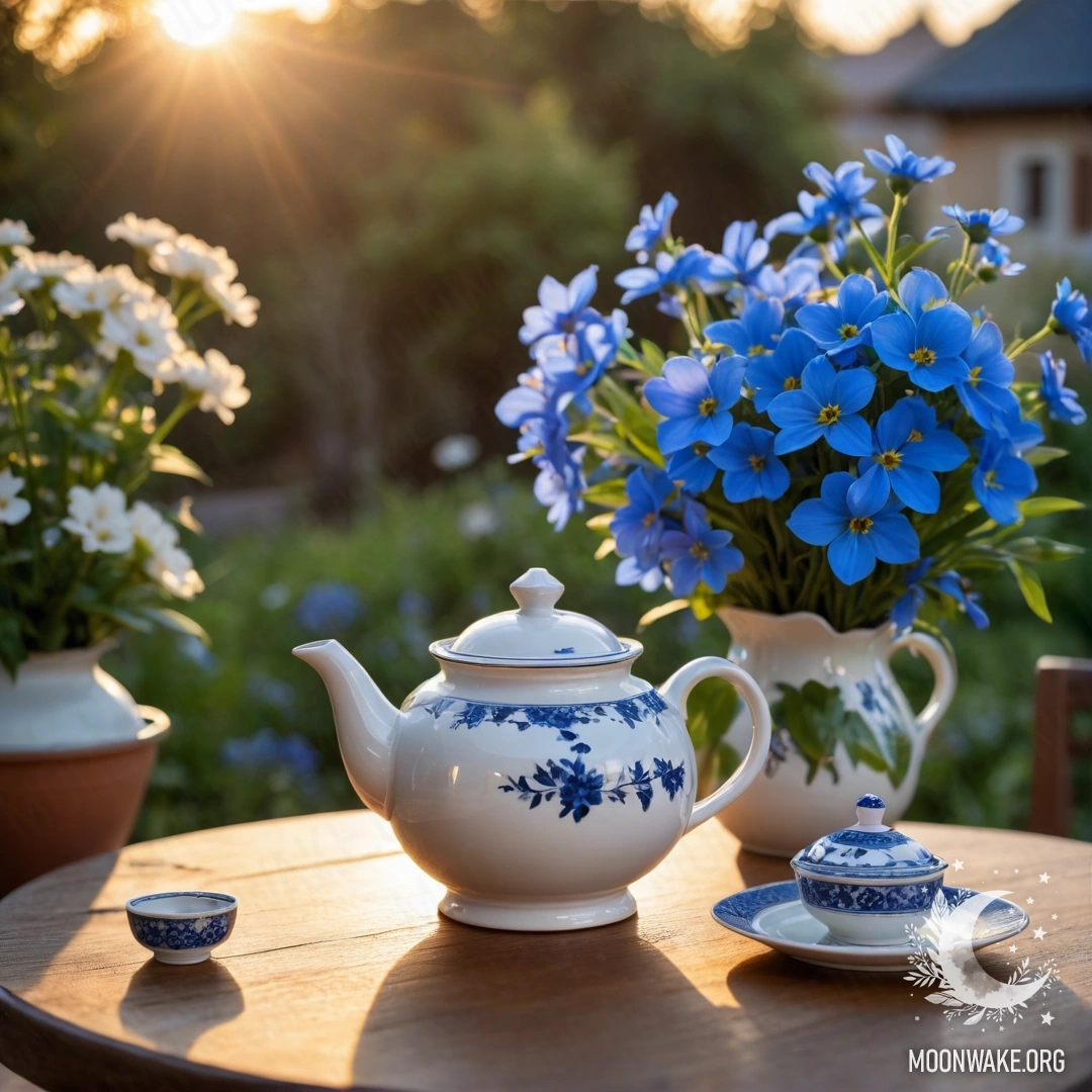 Старинная синяя ваза, наполненная яркими ромашками и сиренью на фоне зеленоватой стены с мягким светом гирлянды.