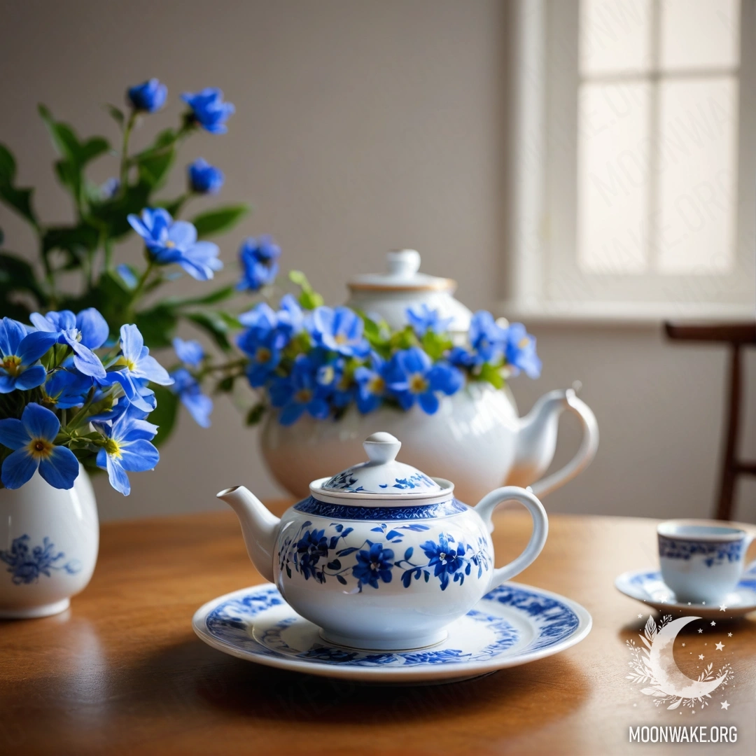 Обшарпанная синяя металлическая ваза, наполненная ромашками и сиренью на фоне зеленоватой стены.