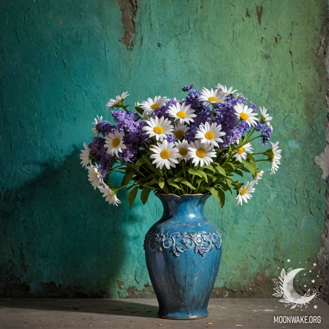 Потертая синяя металлическая ваза, наполненная ромашками и сиренью, рядом с зеленоватой стеной ночью.