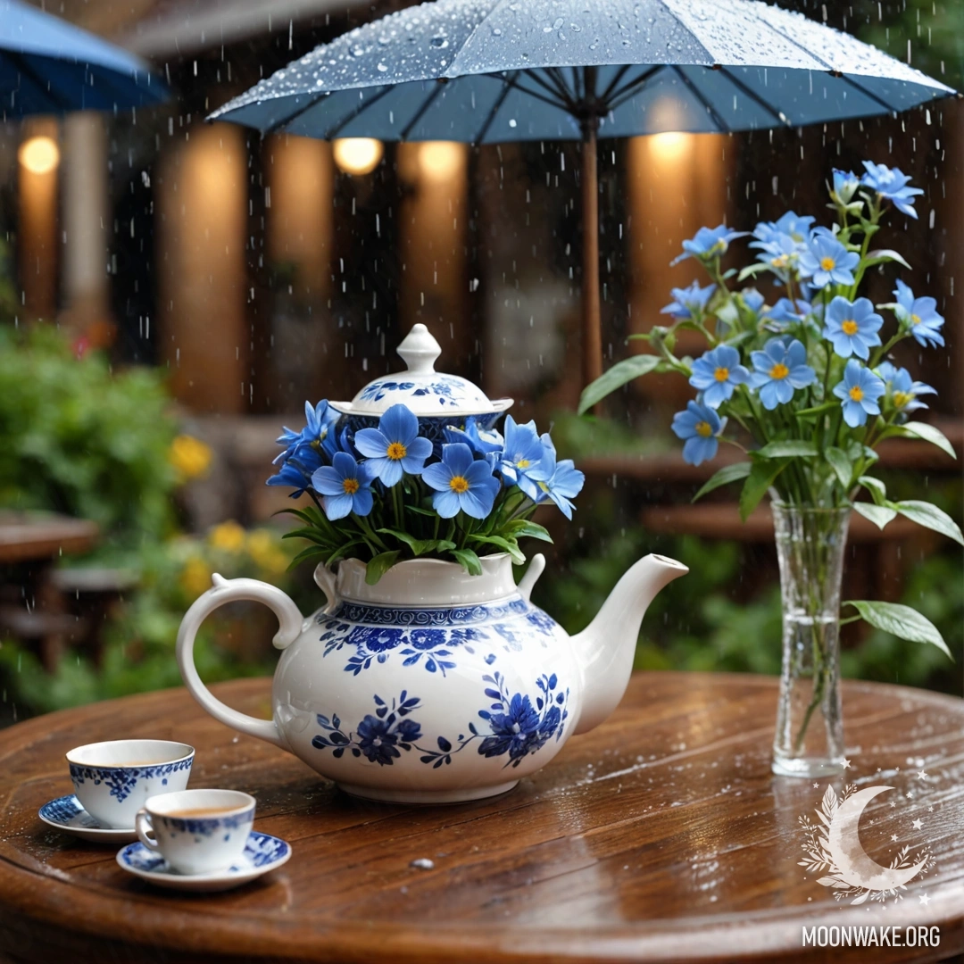 Старая голубая ваза, полная ромашек и сирени, на фоне зеленоватой стены.