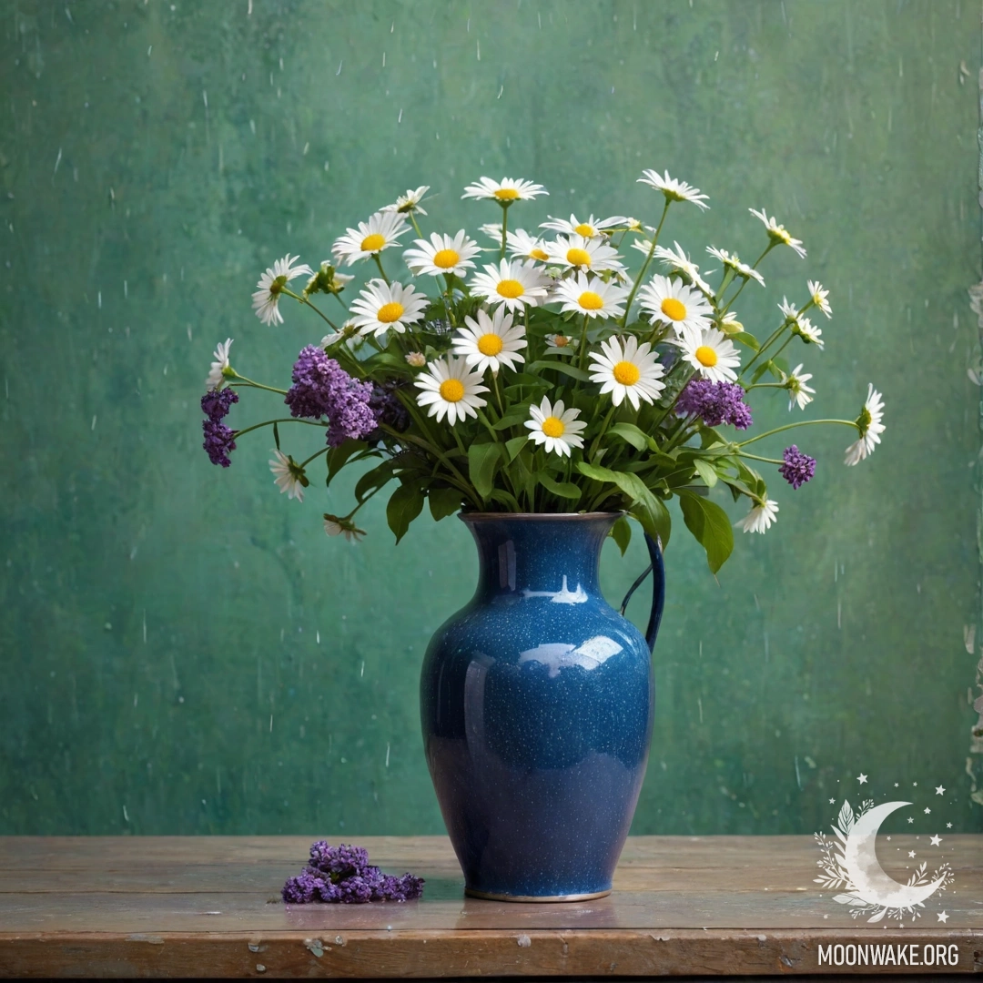 Старая синяя металлическая ваза с ромашками и сиренью на зеленоватой стене под дождем.