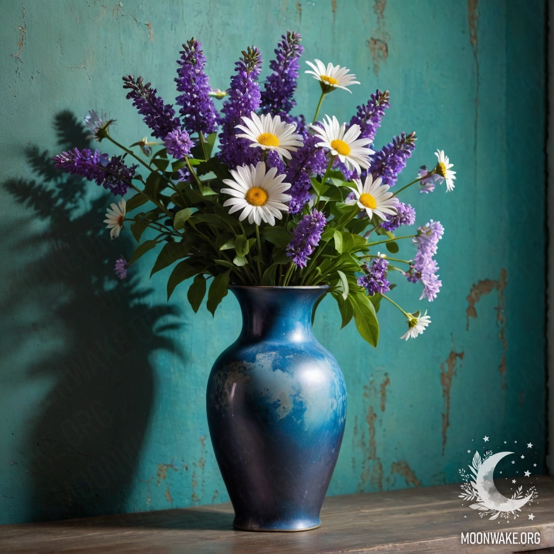 Старая синяя ваза с ромашками и сиренью стоит у зеленоватой стены.