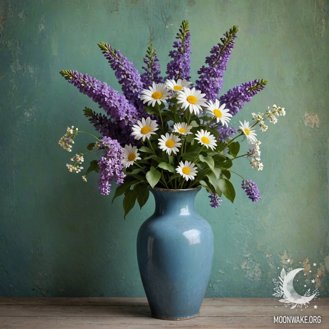 Старая синяя ваза, наполненная ромашками и сиреневыми цветами, на фоне зелёной стены, украшенной гирляндами света.