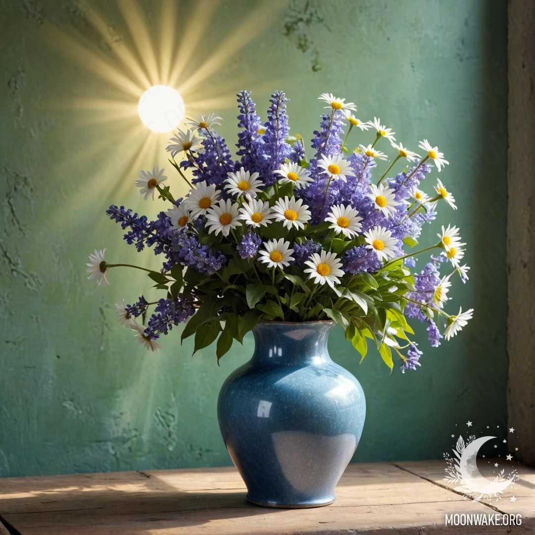 Старинная синяя металлическая ваза с ромашками и сиренью на фоне зеленоватой стены, залитая мягким солнечным светом.