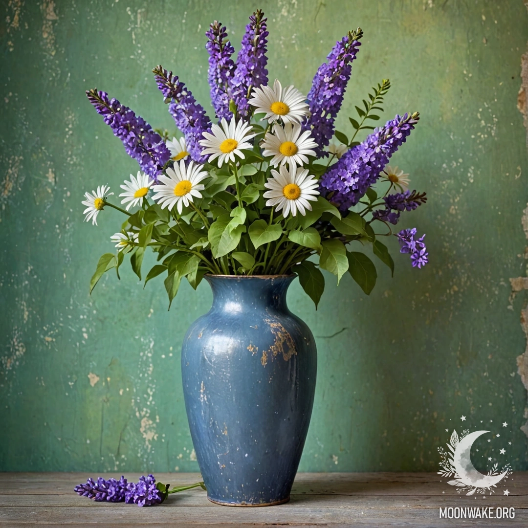 Потертый синий металлический вазон с ромашками и сиренью на фоне изношенной зеленоватой стены, украшенной гирляндой света.