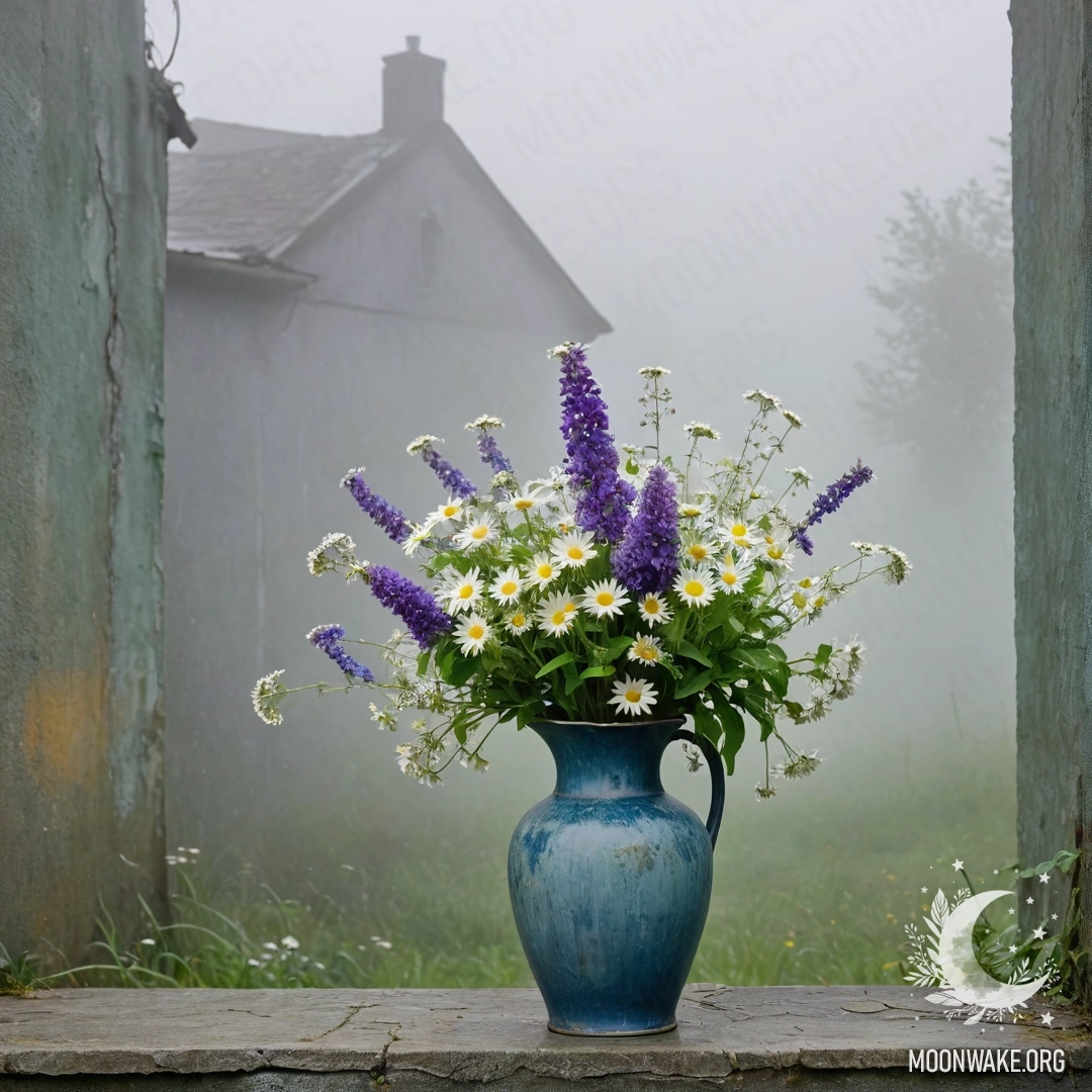 Ржавый синий вазон, наполненный маргаритками и лютиками, на фоне туманной зеленоватой стены.