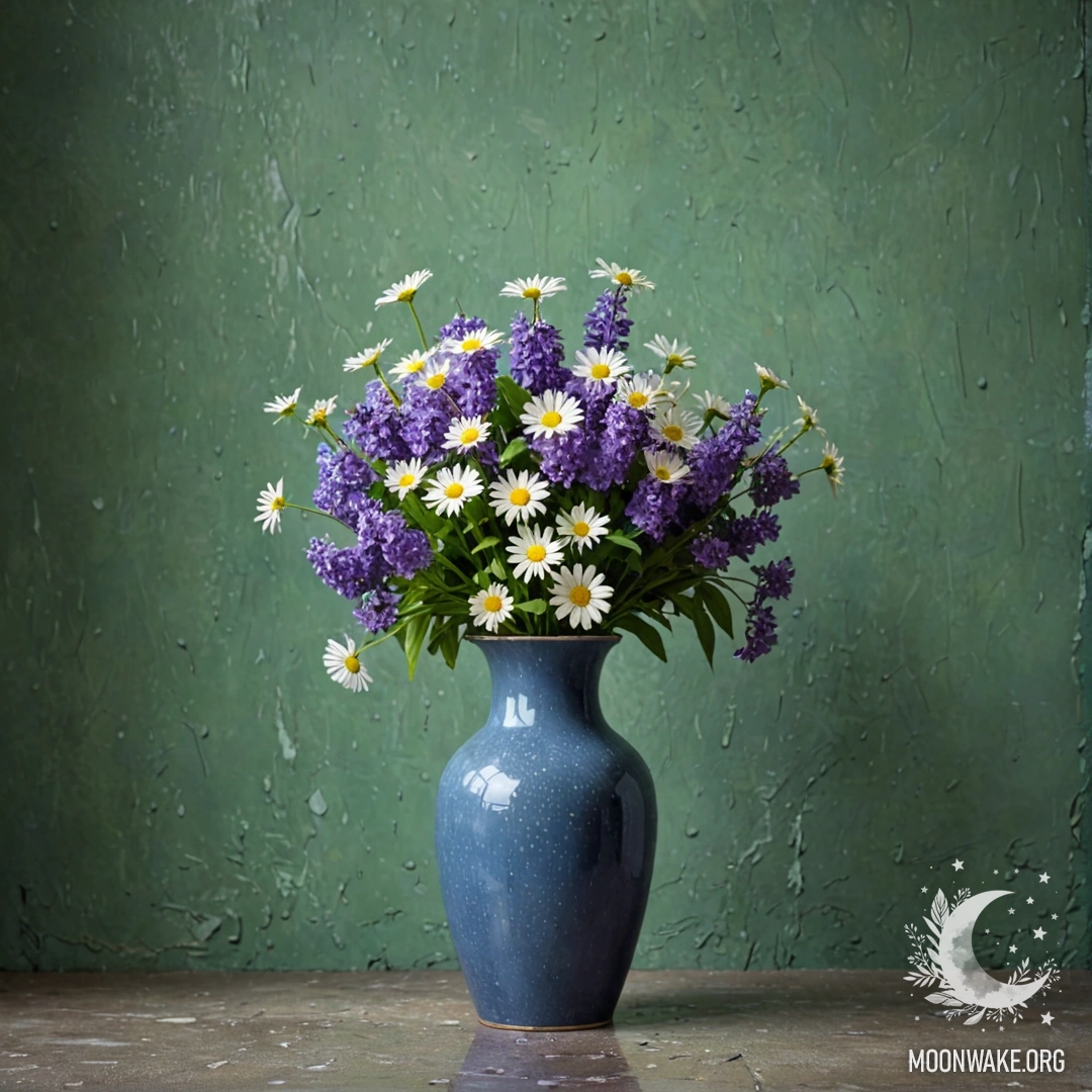 Потёртая синяя ваза с ромашками и сиренью на фоне зелёной стены под дождём.