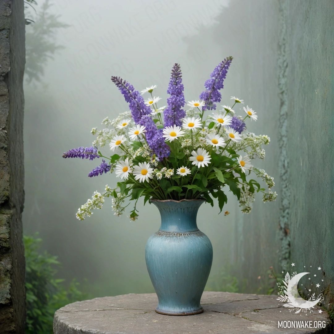 Старая синяя металлическая ваза с ромашками и сиренью на потертой зеленоватой стене в густом тумане.