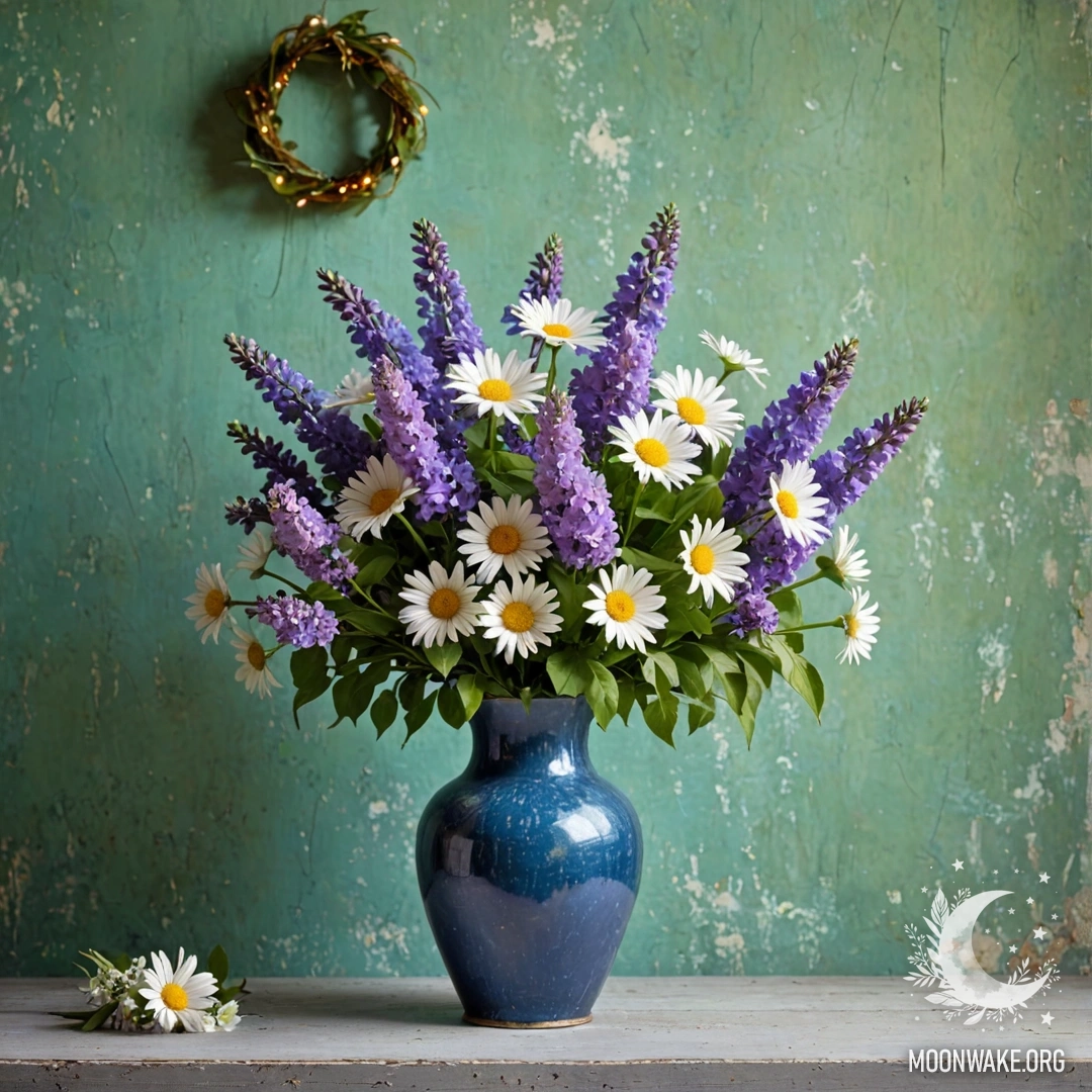 Потертая синяя металлическая ваза с ромашками и сиренью на фоне зеленоватой стены, украшенной гирляндой огней.