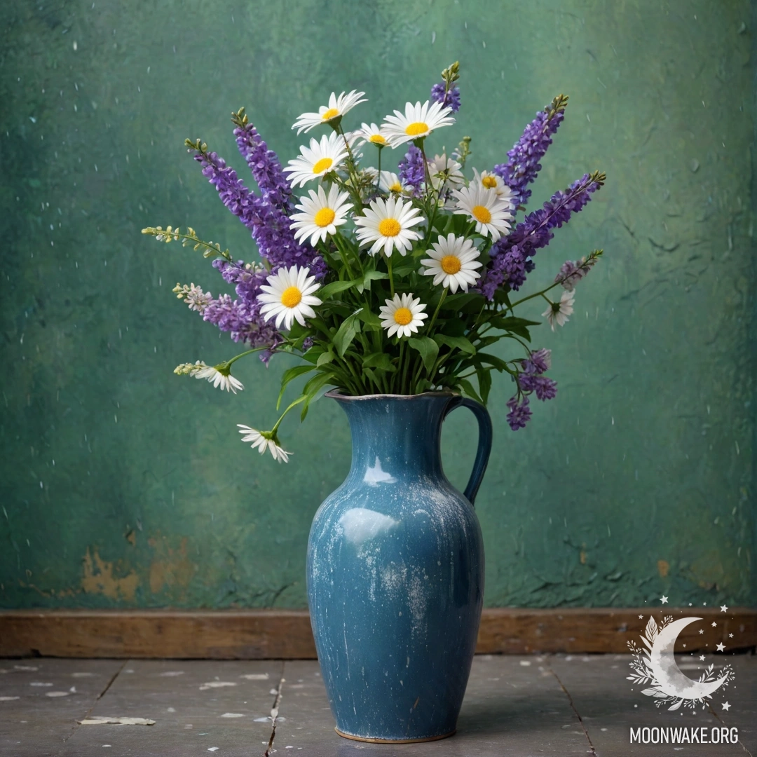 Потертый металлический синий вазон с ромашками и сиренью на фоне зеленоватой стены под дождем.