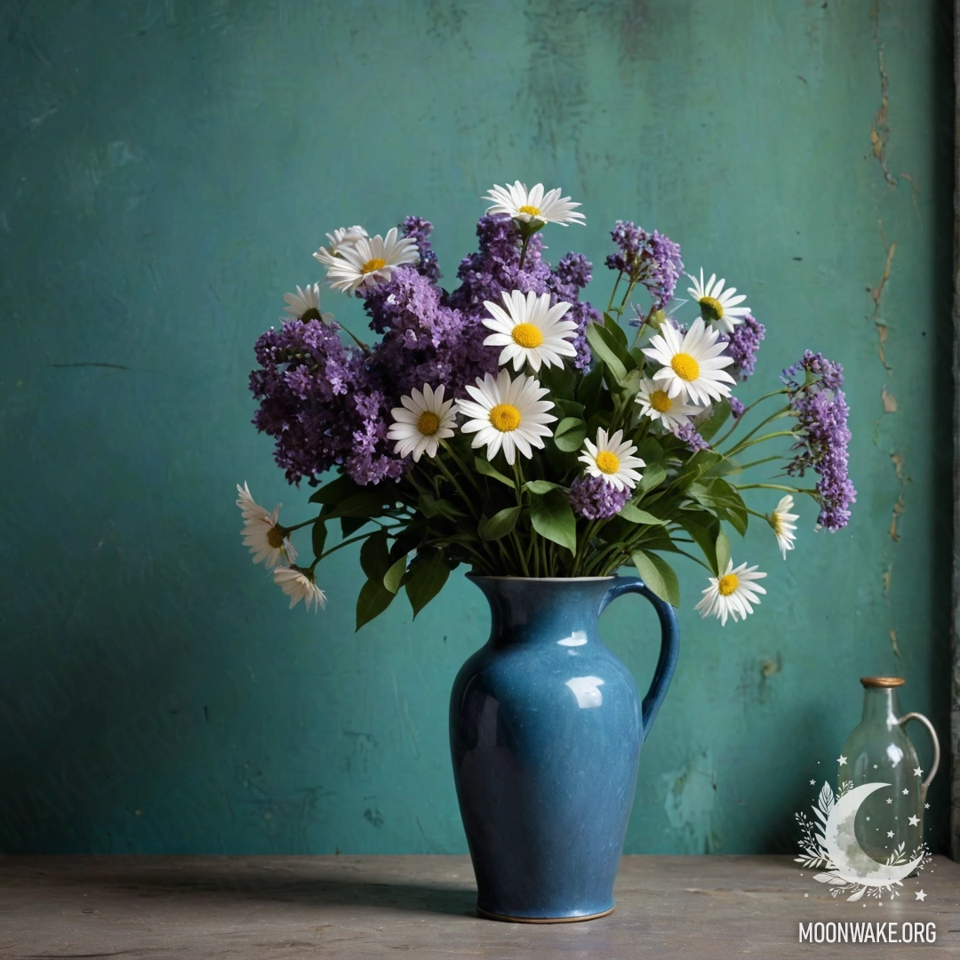 Потрепанная синяя ваза, наполненная ромашками и сиренью, на фоне зеленоватой стены ночью.
