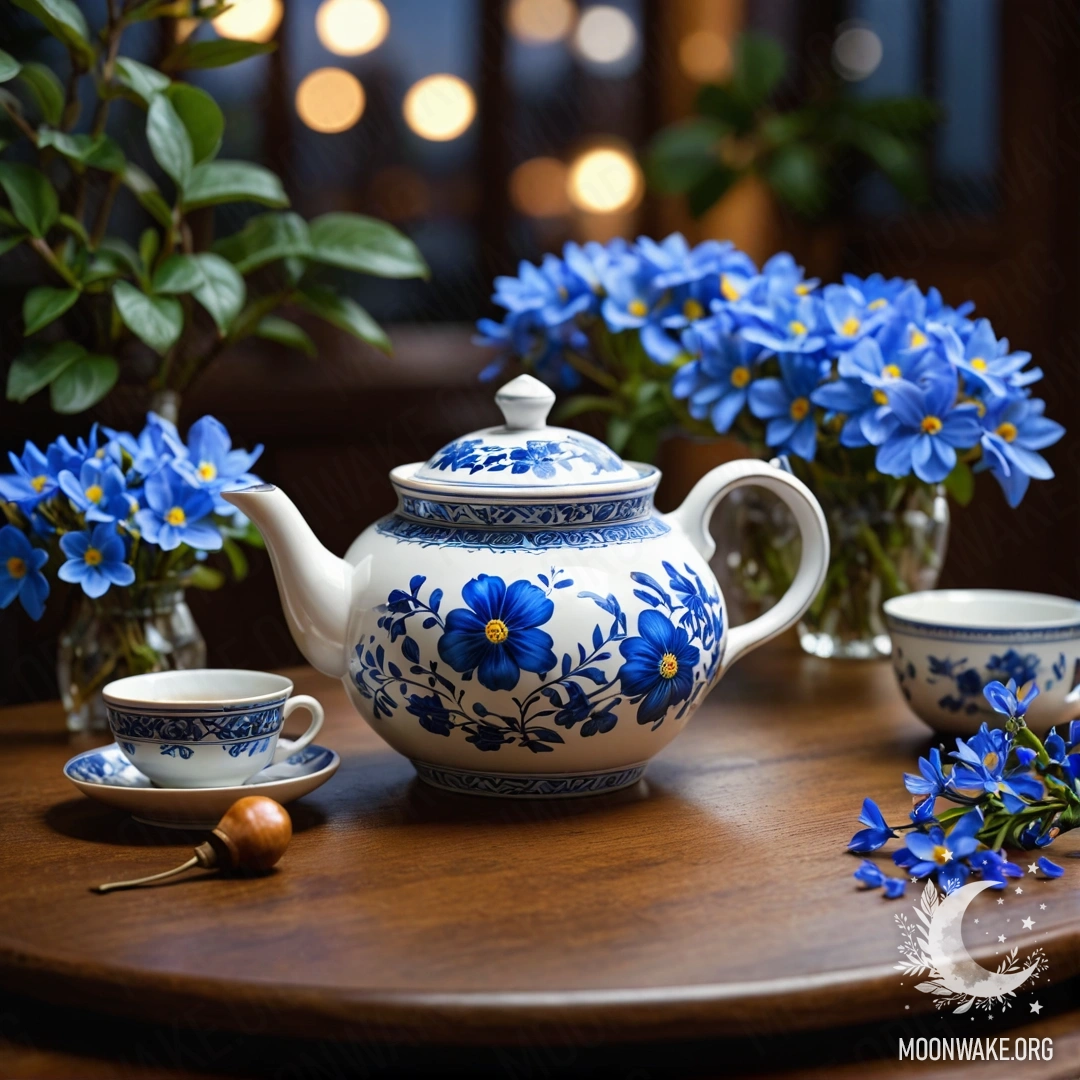 Старинная металлическая синяя ваза, наполненная ромашками и сиренью, на фоне зеленоватой стены, освещенной гирляндой света.