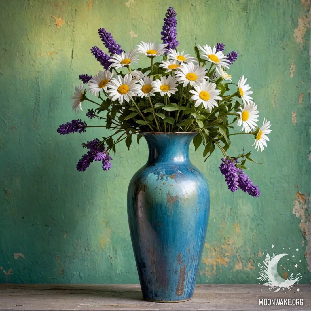 Потертая синяя металлическая ваза, наполненная ромашками и сиренью, на фоне выцветшей зеленоватой стены на закате.