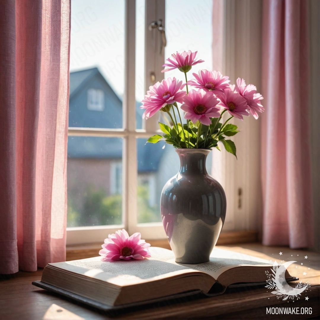 Потёртая металлическая синяя ваза, наполненная ромашками и сиренью, на фоне зелёной стены с новогодними огоньками.