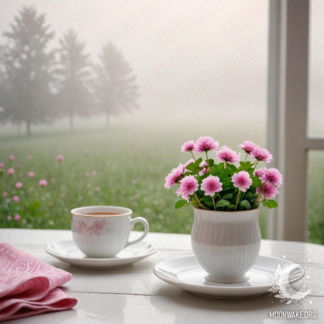 Старая синяя ваза с ромашками и сиренью на фоне зеленоватой стены, залитой солнечными лучами.