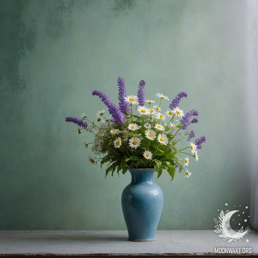 Потертый синий вазон, наполненный ромашками и сиренью, на зелено-сером фоне, окутанном туманом.