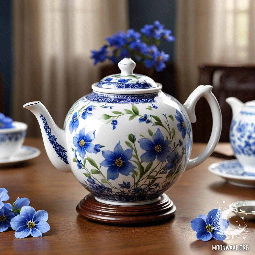 Потёртый голубой вазон с маргаритками и сиренью на фоне потёртой зеленоватой стены ночью.