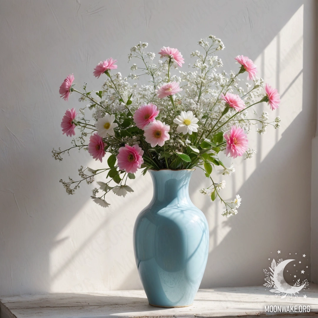 Поэтичный вазон небесно-голубого цвета с белыми и розовыми цветами на фоне shabby белой стены, освещенной солнечными лучами.