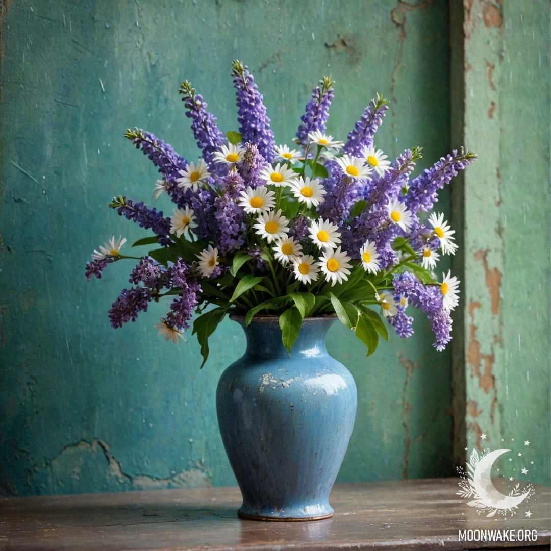 Прошедшая время синяя ваза из металла с ромашками и сиренью на фоне зеленоватой стены под дождем.