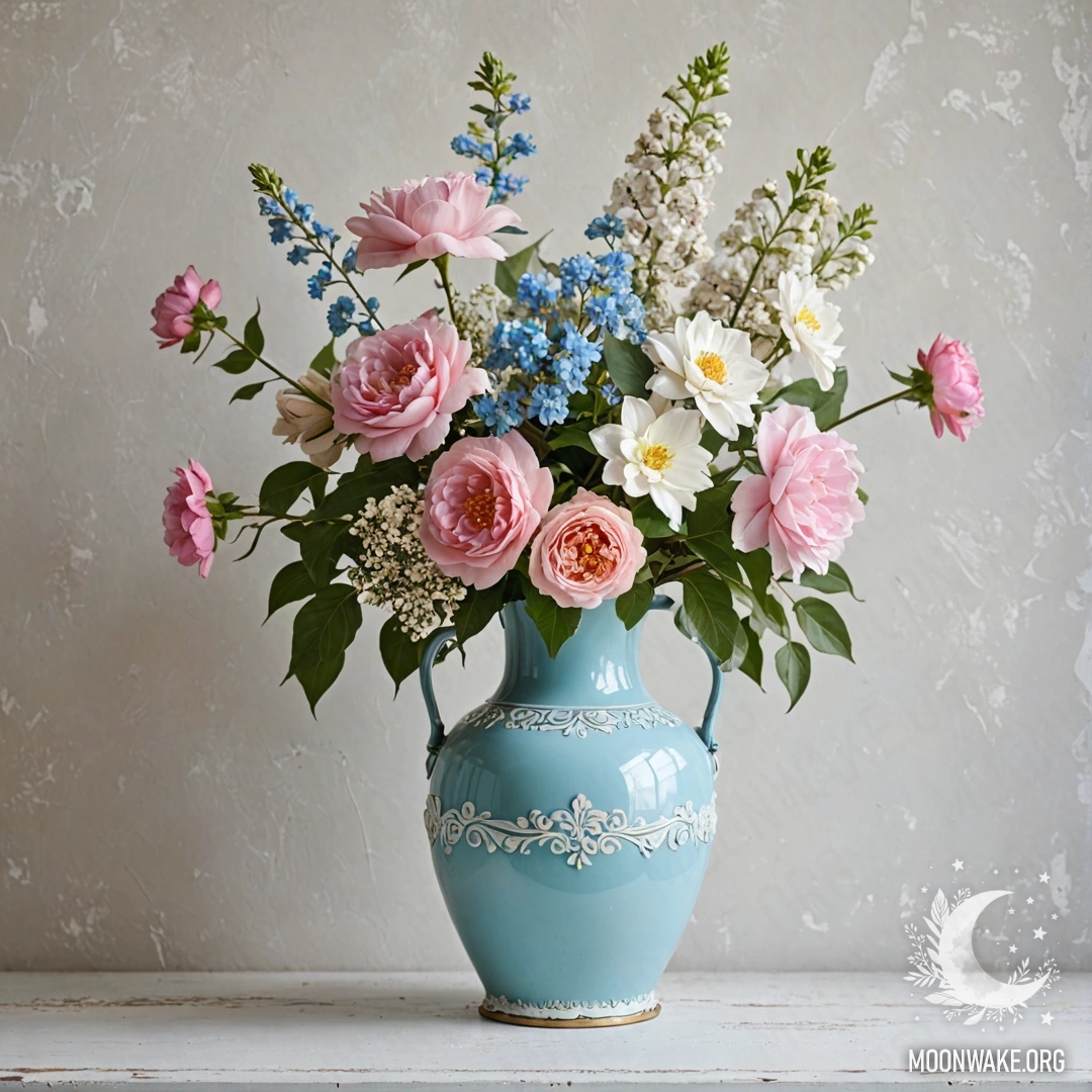 Потрепанный пастельный голубой вазон с белыми и розовыми цветами на фоне старой белой стены.