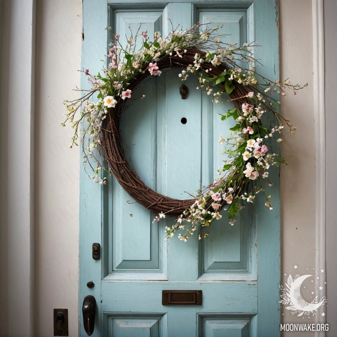 Старая дверь, украшенная веточками с цветами на ручке, подсвеченная гирляндой огней.