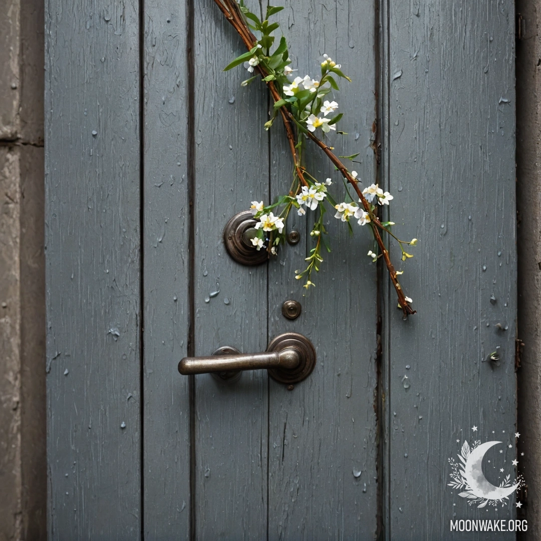 Потрепанная дверь, украшенная веточками и цветами на ручке, капли дождя создают спокойную атмосферу.