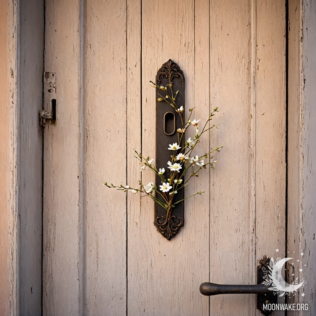 Старая дверь с веточками и цветами на ручке на фоне заката.