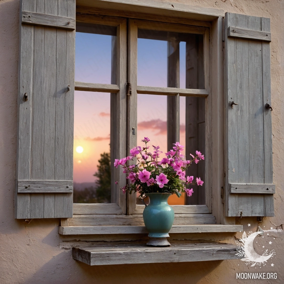 Старая дверь, украшенная веточками и цветами на ручке на фоне заката.