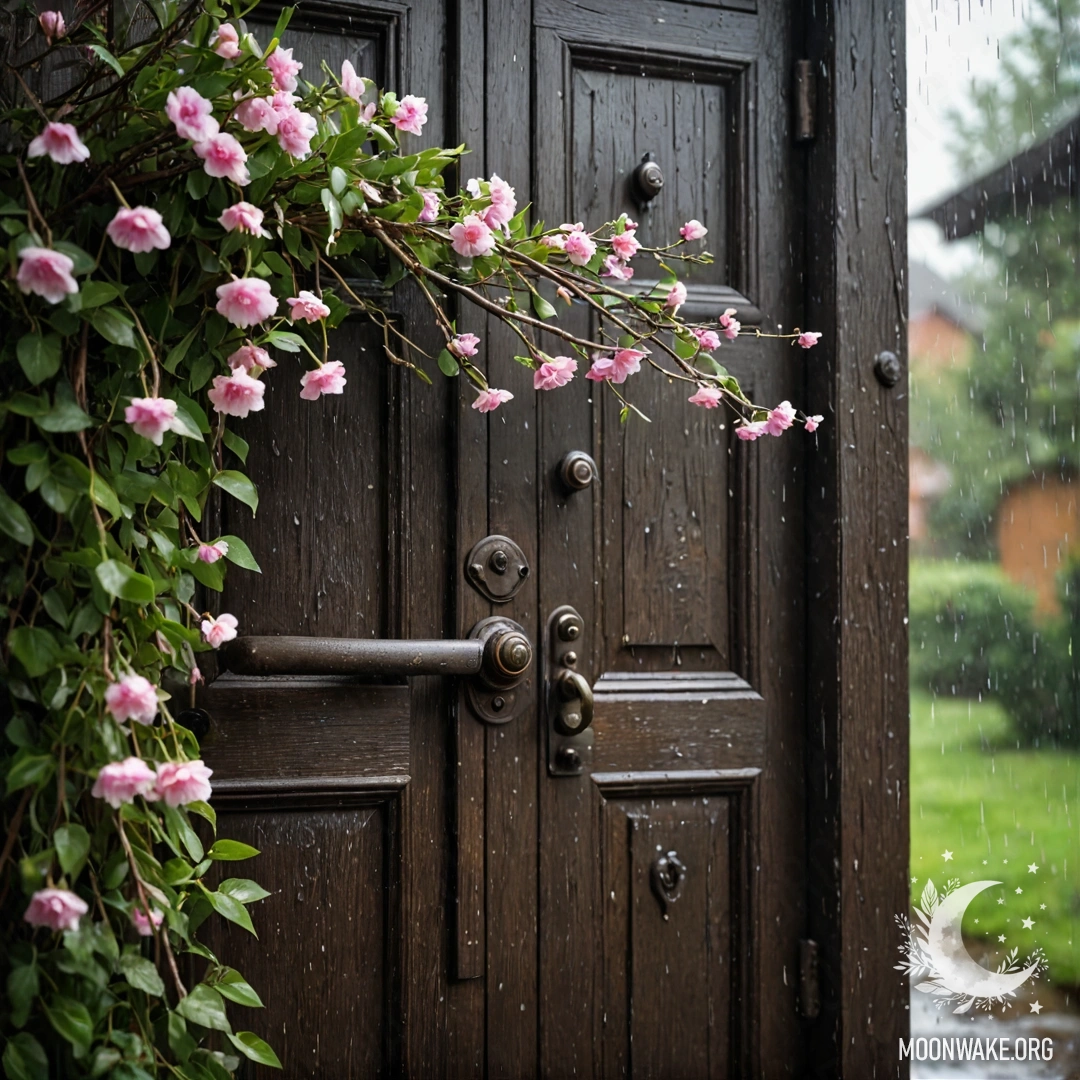 Старое дверь, украшенное веточками и цветами на ручке, под каплями дождя.