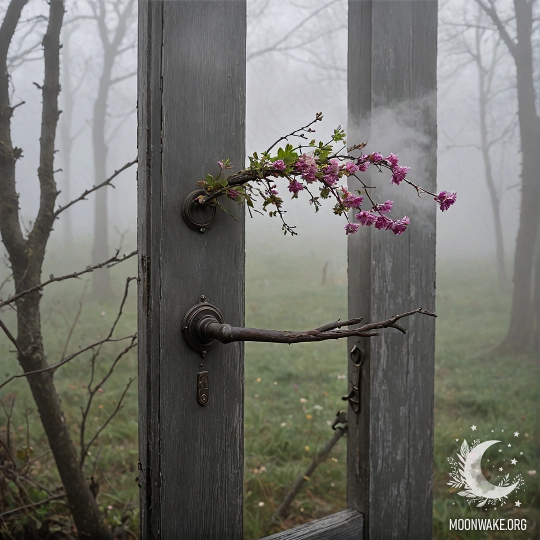 Старая потёртая дверь, частично закрытая густым туманом, с веточками и цветами на дверной ручке.