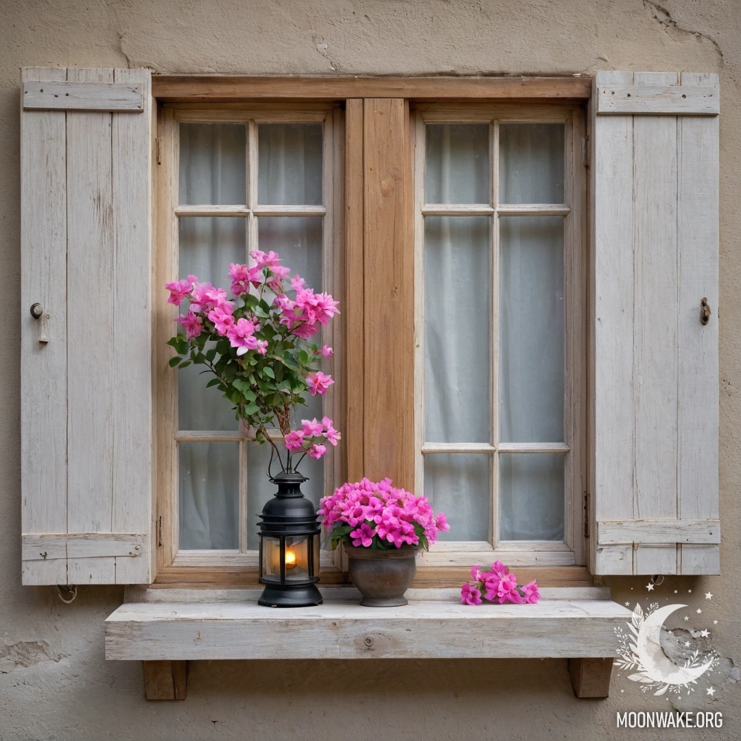 Старинная дверь, украшенная веточками и цветами, окутанная густым туманом.