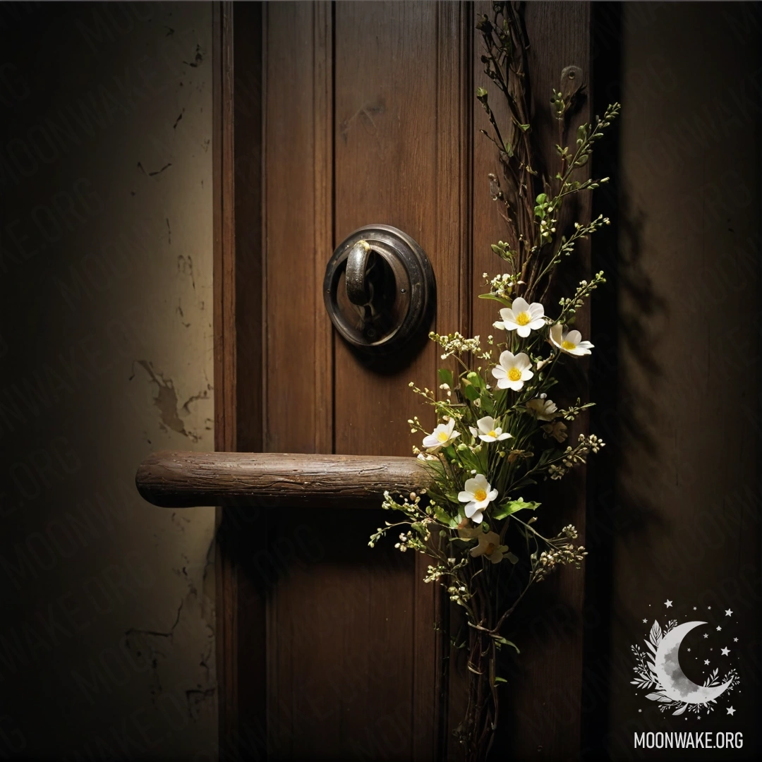 Старая дверь, украшенная веточками и цветами на ручке, освещенная ночным светом.