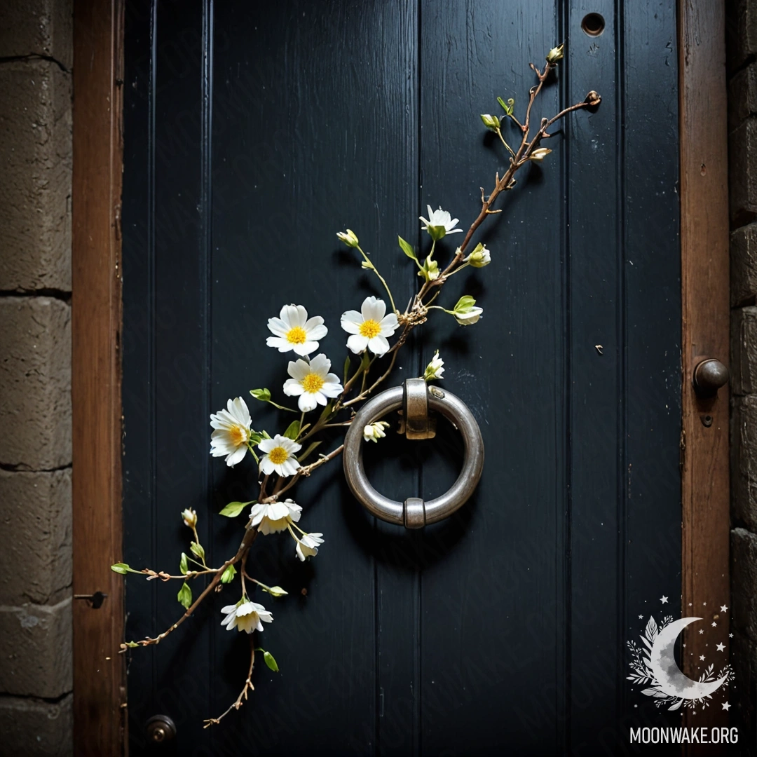 Потёртая дверь, украшенная ветками и нежными цветами на ручке, на фоне ночного пейзажа.