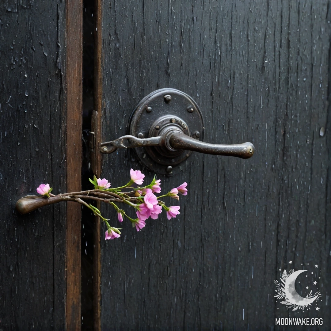Старинная дверь с веточками и цветами на ручке, под дождём.