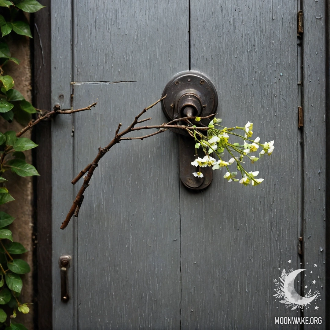 Старенькая дверь, украшенная веточками и цветами под дождем.