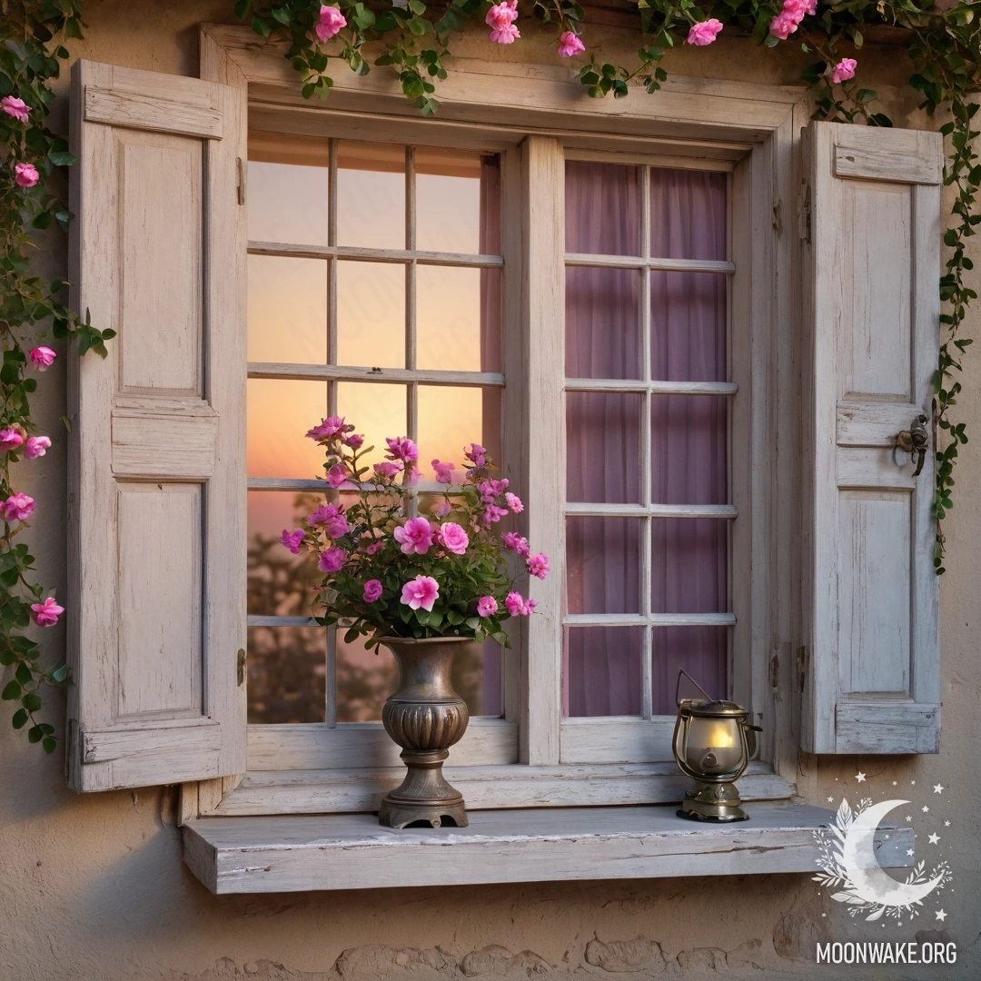 Старая, потрепанная дверь, украшенная веточками и цветами на закате.