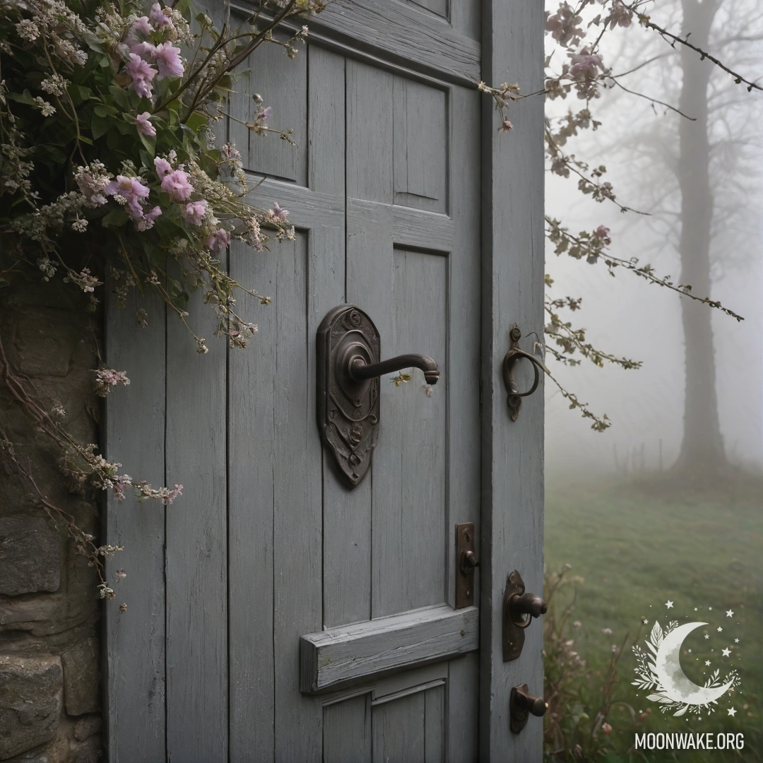 Потрепанная дверь с веточками и цветами на ручке, окутанная густым туманом.
