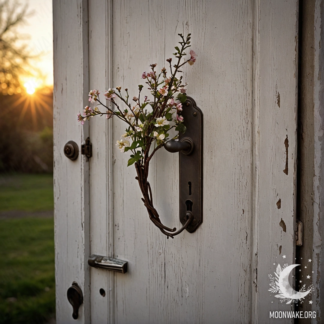 Потрепанная дверь, украшенная веточками и цветами на ручке, на закате.