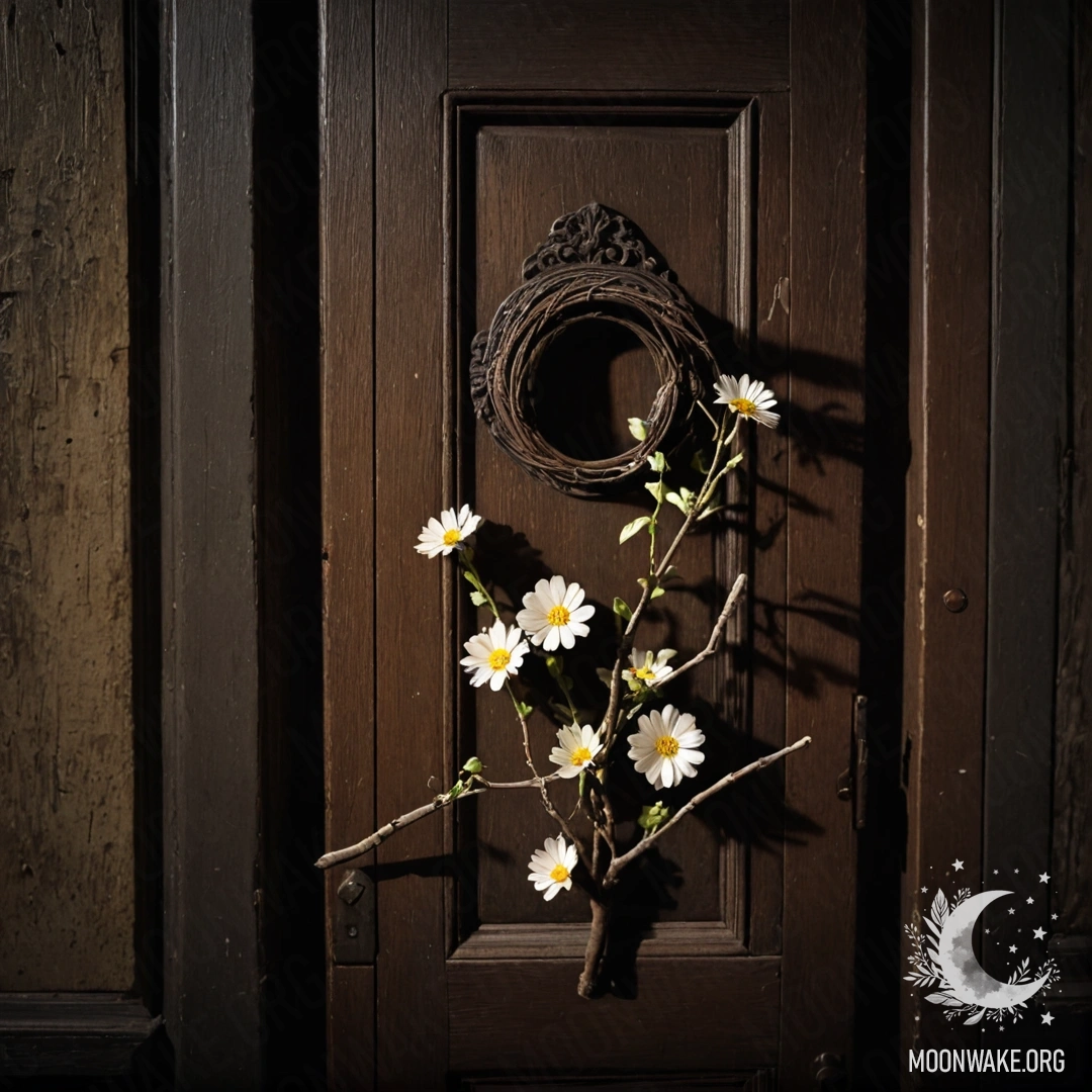 Потрепанная дверь, украшаемая веточками с цветами, висящими на ручке, в ночном антураже.