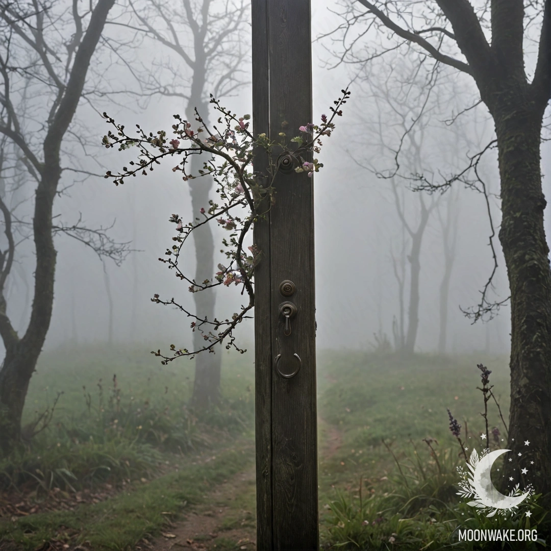 Старинная дверь, украшенная веточками с цветами на ручке, окружённая плотным туманом.