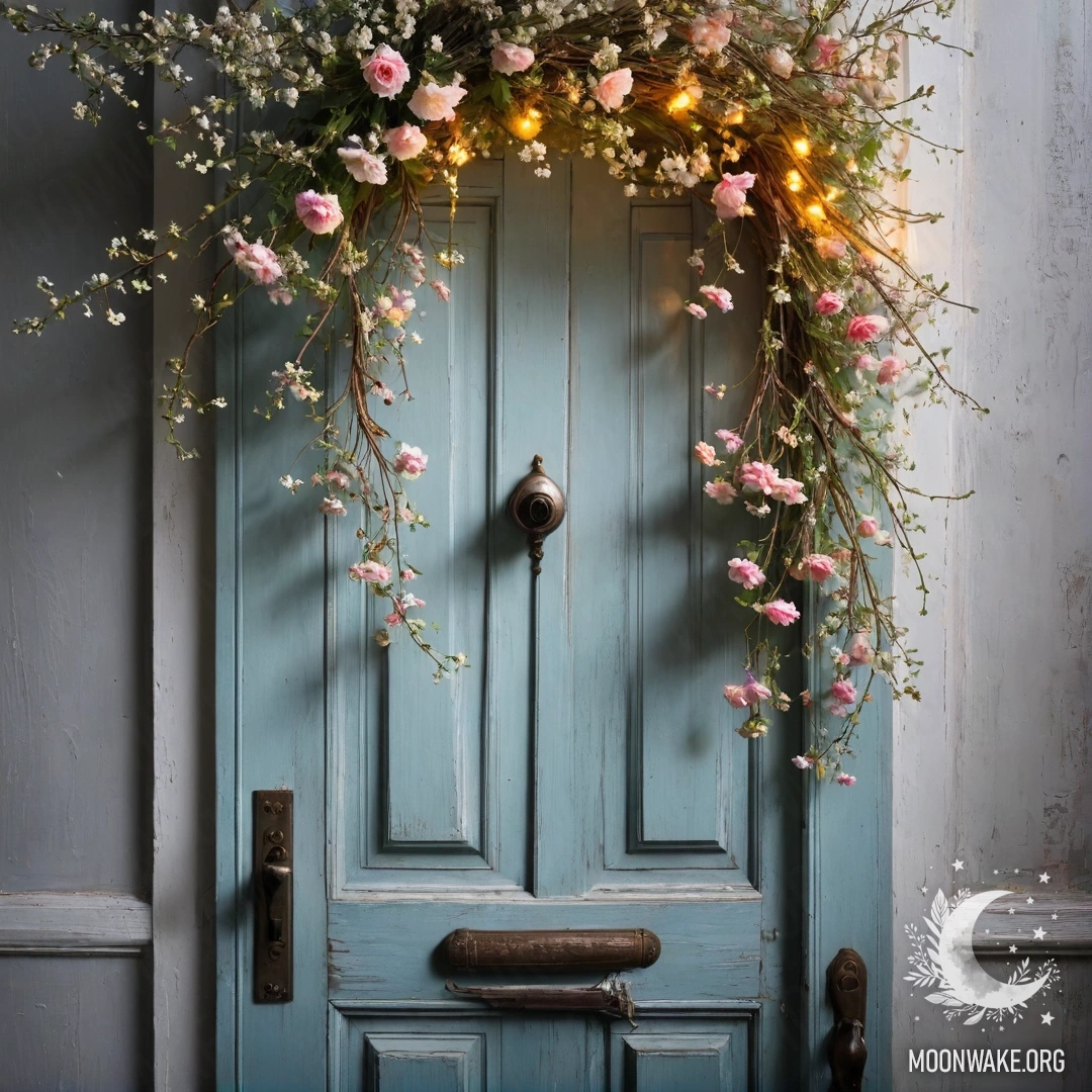 Потрепанная дверь, украшенная веточками с цветами на ручке, освещенная нежным светом гирлянды.