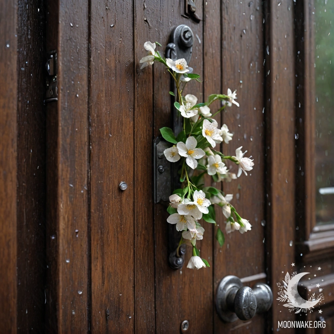 Фотореалистичное изображение старинной двери, украшенной веточками и цветами под легким дождем.