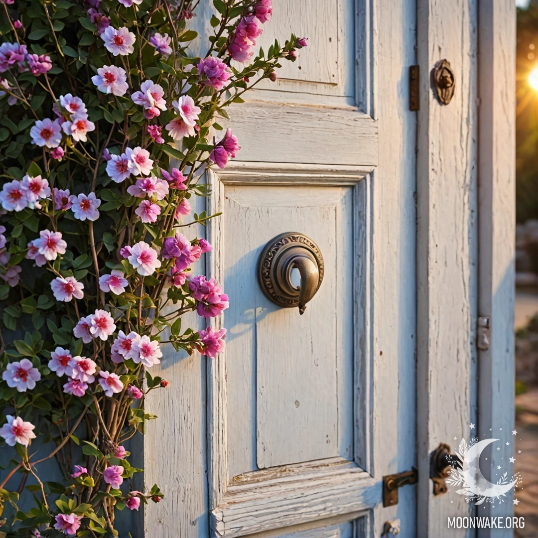 Потрепанная дверь, украшенная веточками цветов на ручке, на закате.