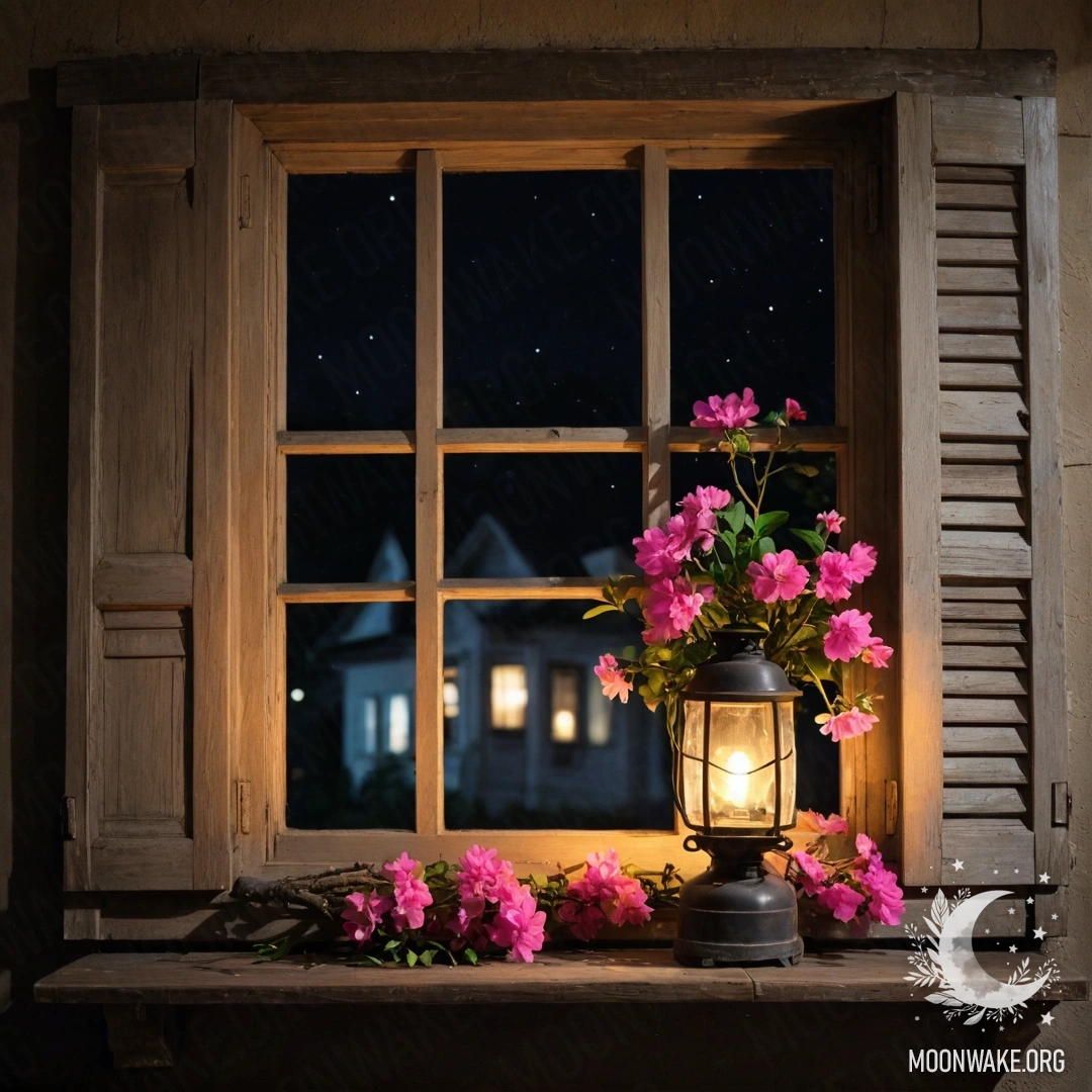 Старая дверь, украшенная веточками и цветами на ручке, освещенная в ночи.